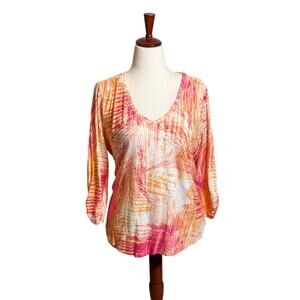 Chico's orange pink white abstract 3/4 sleeve v-neck tee shirt top Sz 3 US XL